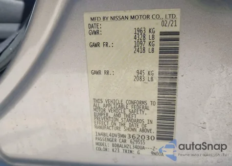 2021 Nissan Altima Sv Fwd z USA, uszkodzony, nr VIN 1N4BL4DV3MN362030